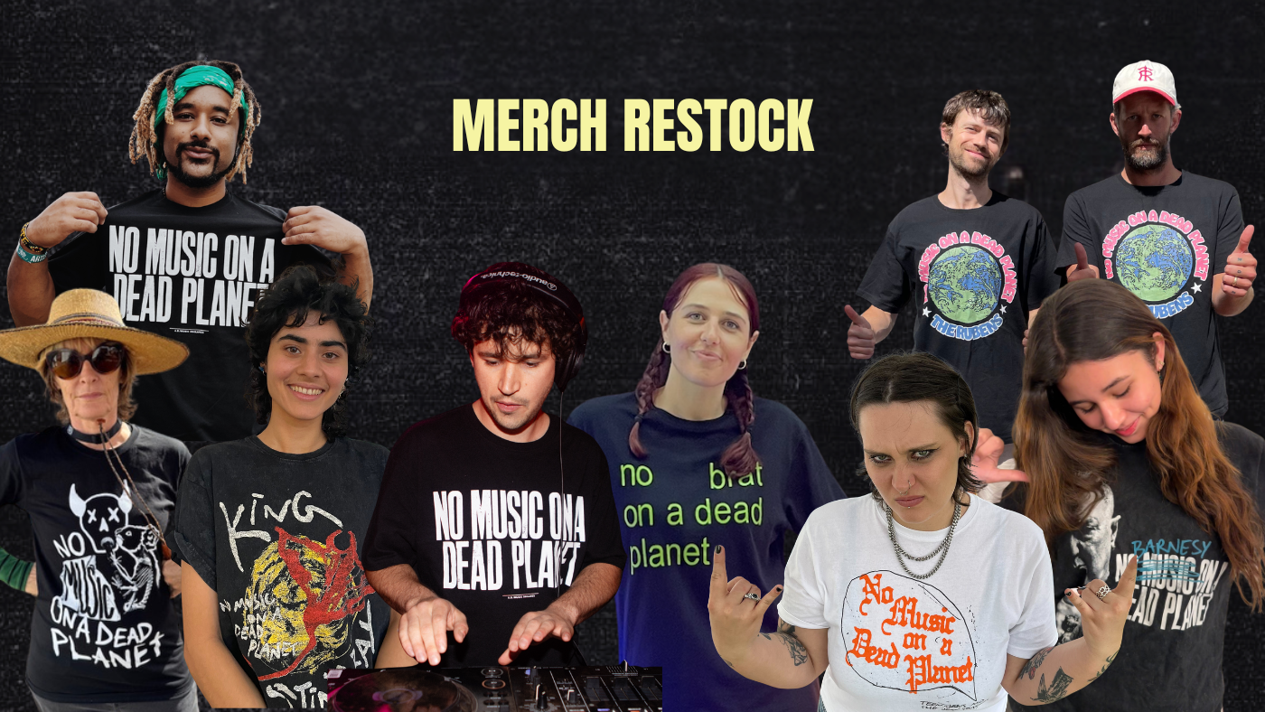 A collage of several musicians and music fans wearing the different styles of the No Music On A Dead Planet t-shirts.