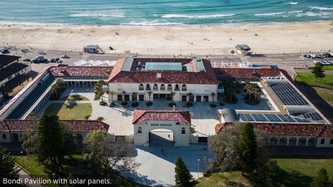 A birds-eye view of Bondi Pavilion with solar panels