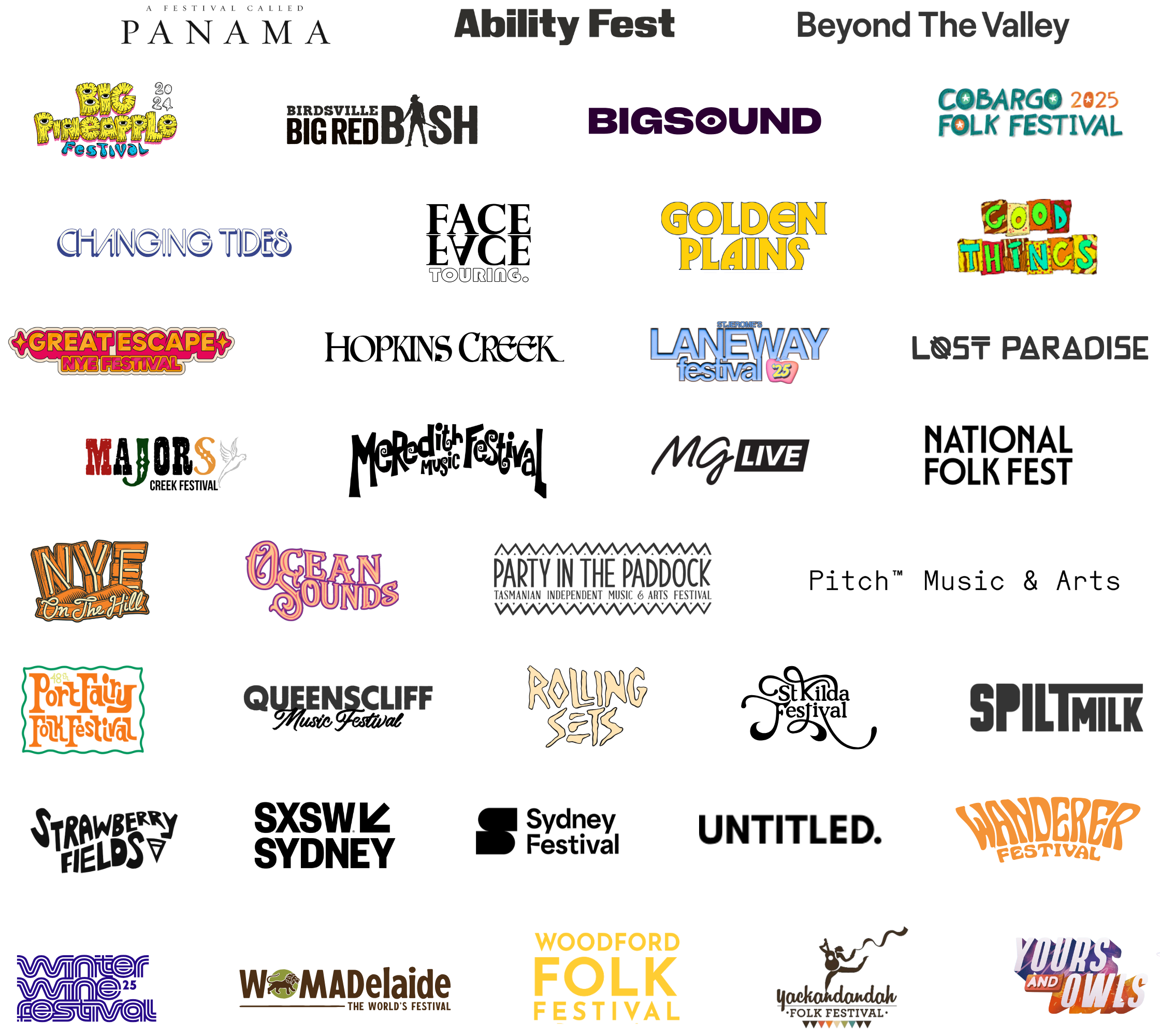 A logo block of 38 festival logos