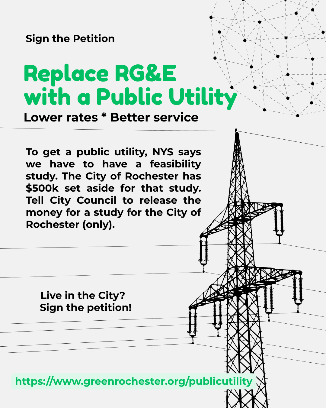 A flyer of an electrical tower and wires with text encouragingRochester city residents to sign the online petition to dump RG&E