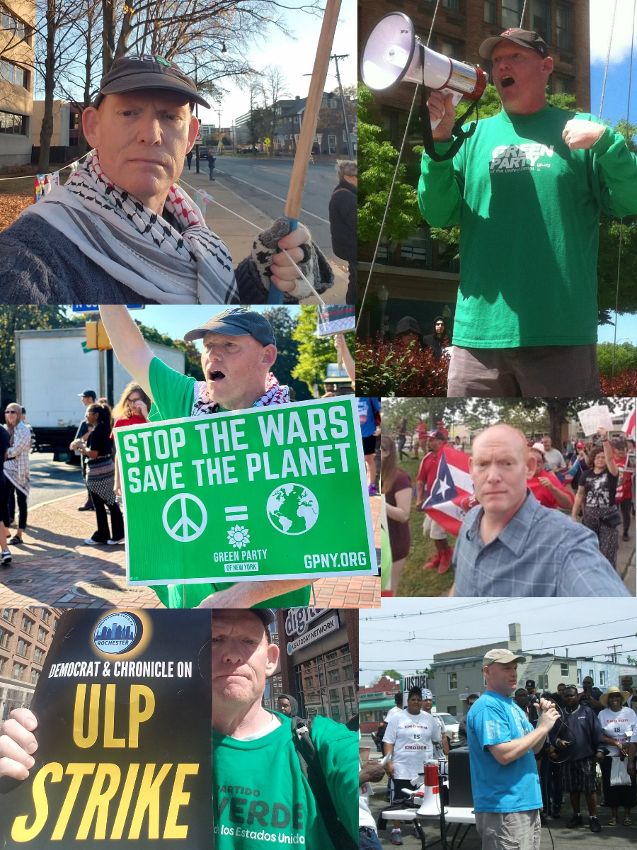 A collage of Dave Sutliff-Atias at various protests