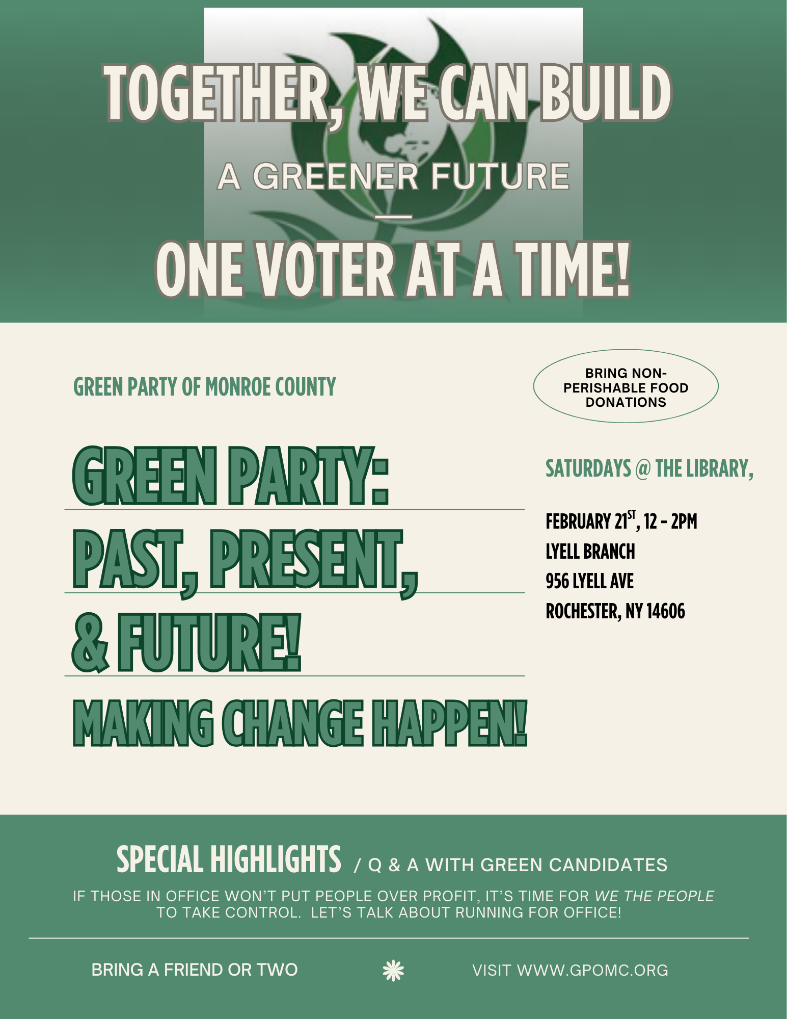 Green and white flyer about the February 21st meeting