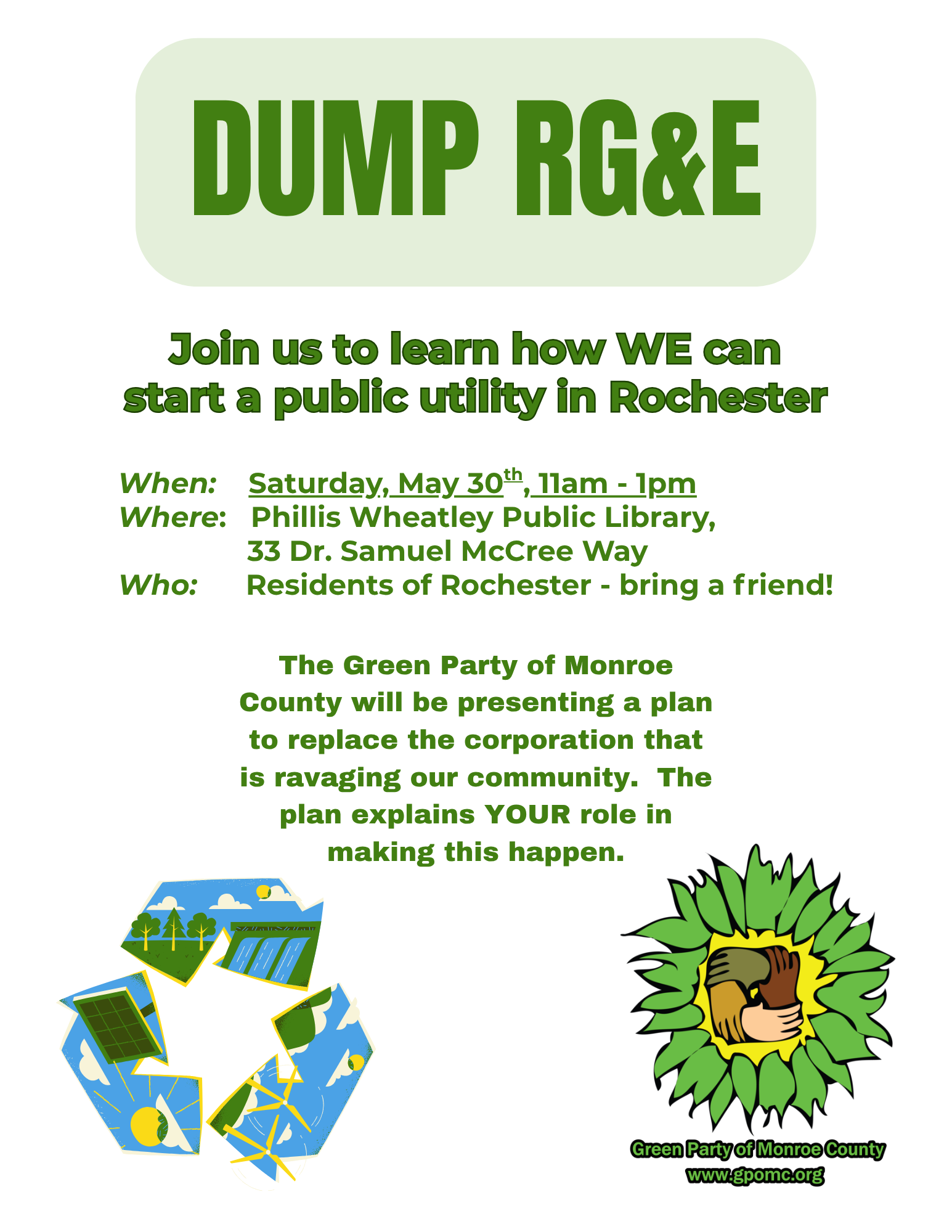 A white flyer with green letters with information about the May Monthly meeting