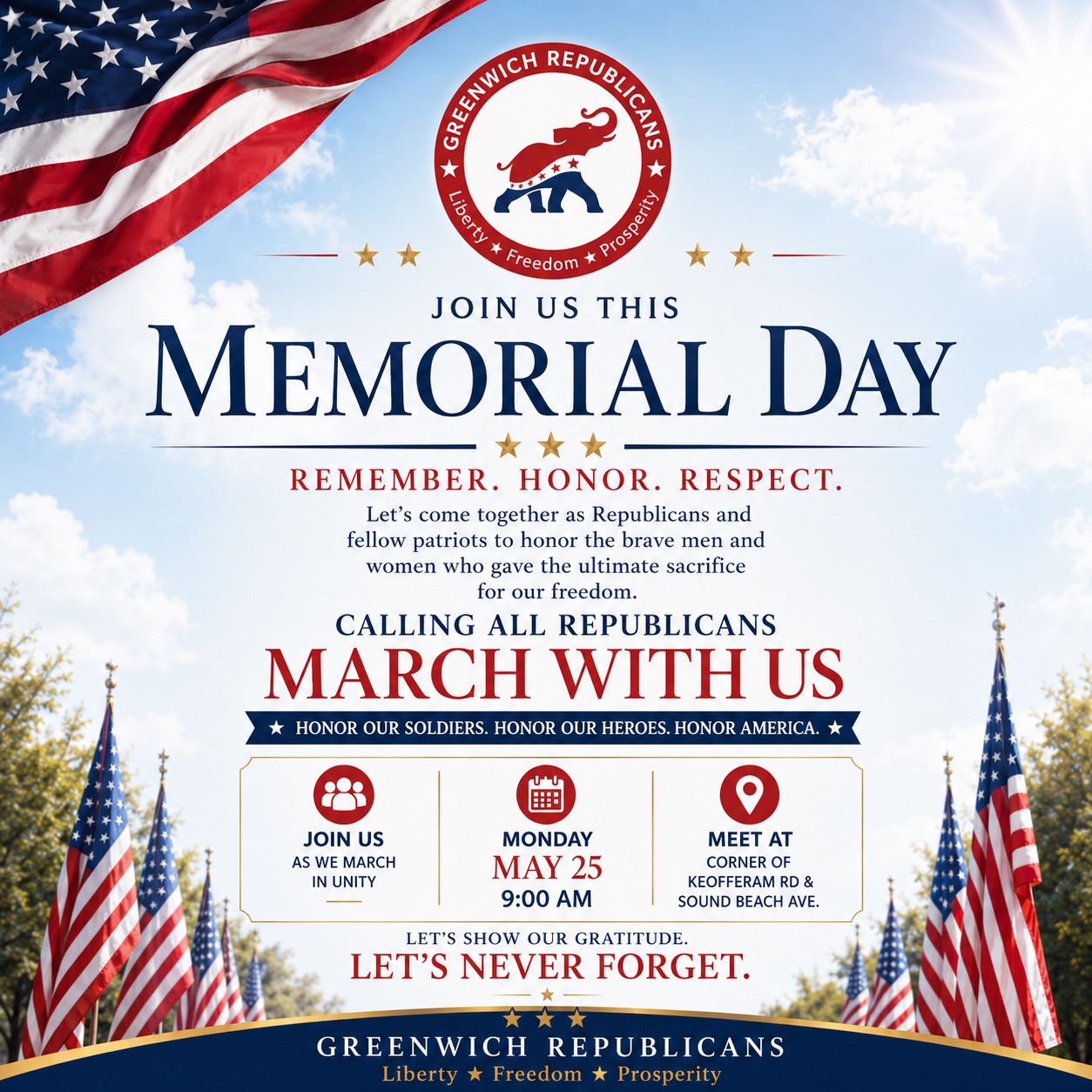 Greenwich Republicans Memorial Day March, Monday May 25 at 9 AM, Corner of Keofferam Road and Sound Beach Avenue