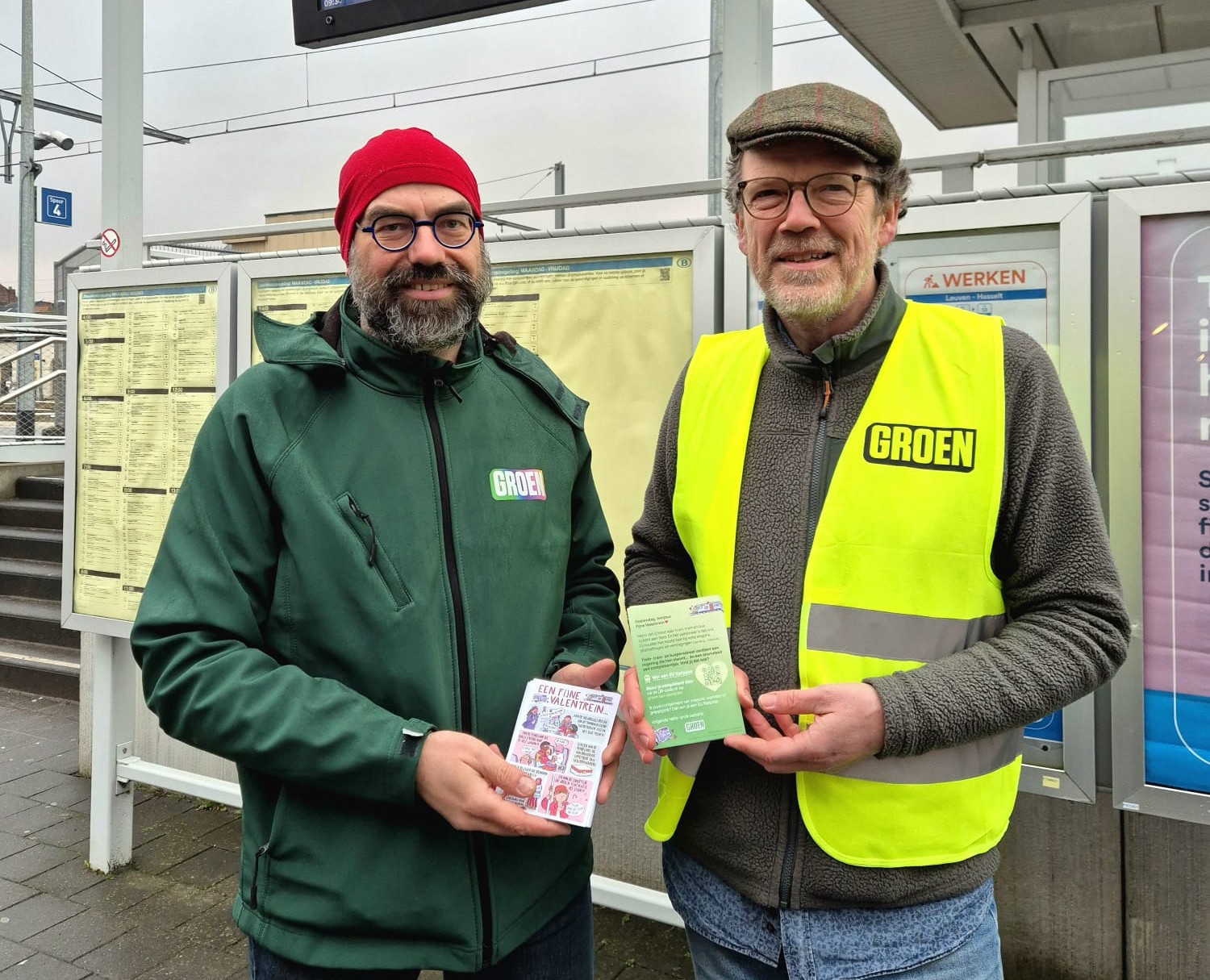 Groen bedankt de reizigers en hun personeel aan de stations van Leuven, Herent, Oud-Heverlee, Aarschot, Diest en Tienen op Valentrein