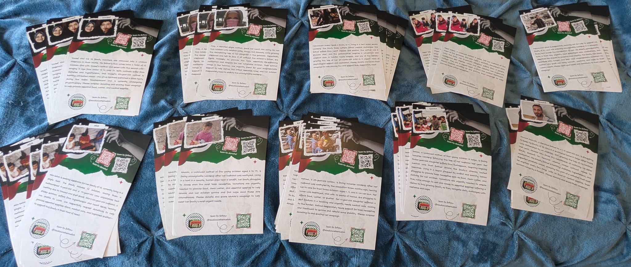 An image of leaflets for fundraisers for Palestinian families made by Radio Watermelon for Action Apartheid Caerdydd. Credit to Nader!