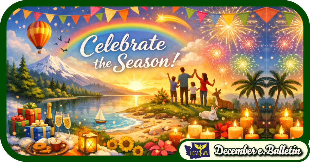 Image reads Celebrate the Season! with an illustration of a family celebrating a rainbow over a sunset in a lakeside setting. A deer and rabbit are in repose behind the family. There are gifts, cookies and hot chocolate, champagne, and candles in the foreground. There are also palm trees, sunflowers, fireworks, a hot air balloon, a snow-capped mountain, evergreens in snow, a toy sailboat on the lake, a shooting star, a flock of black birds, and colorful flag bunting. 