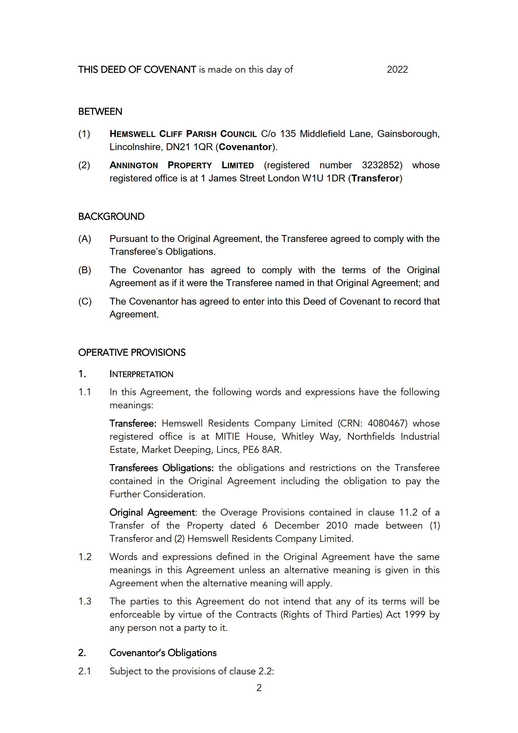 Deed of Covenant (BR) Hemswell Cliff Parish Council