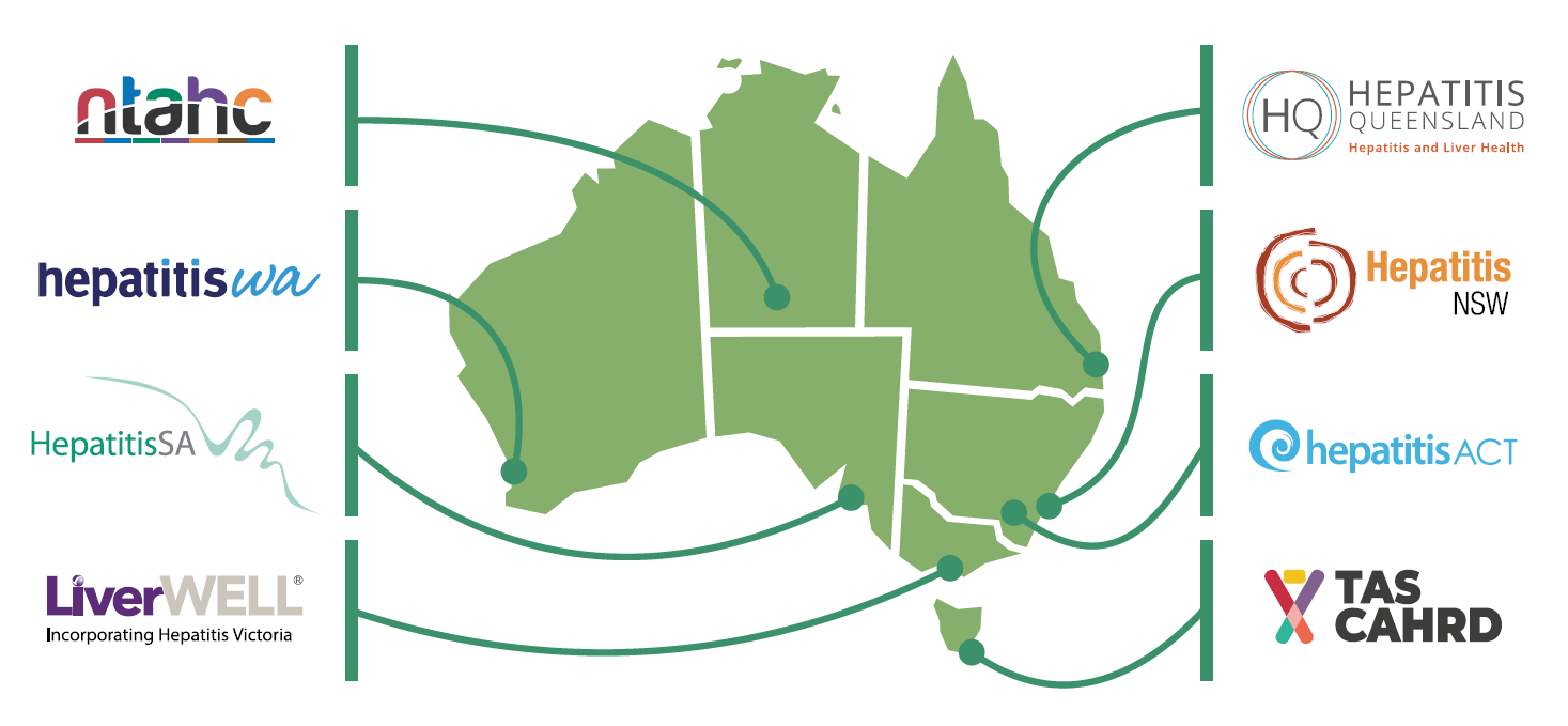 Map showing Hepatitis Australia's eight State and Territory Members, NTAHC, Hepatitis WA, Hepatitis SA, Liverwell, Hepatitis Queensland, Hepatitis NSW, Hepatitis ACT and TasCAHRD