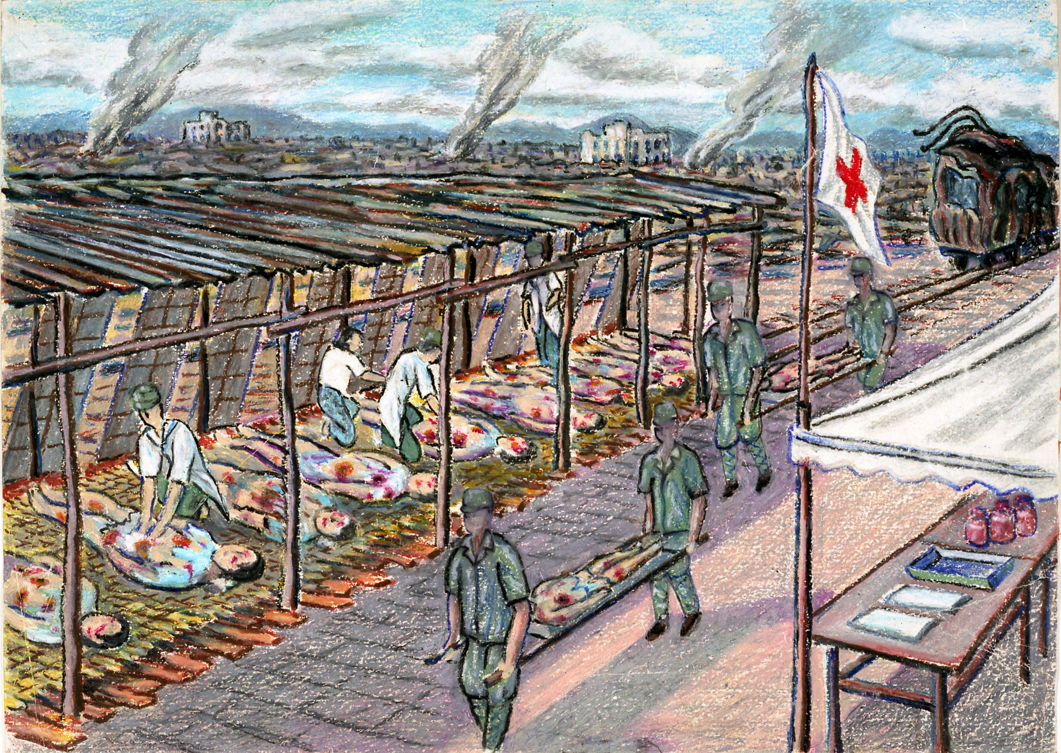 A representação de um sobrevivente de Hiroshima de um posto de socorro em 1945. Os feridos morriam um após o outro. Crédito: Fumiko Yamaoka