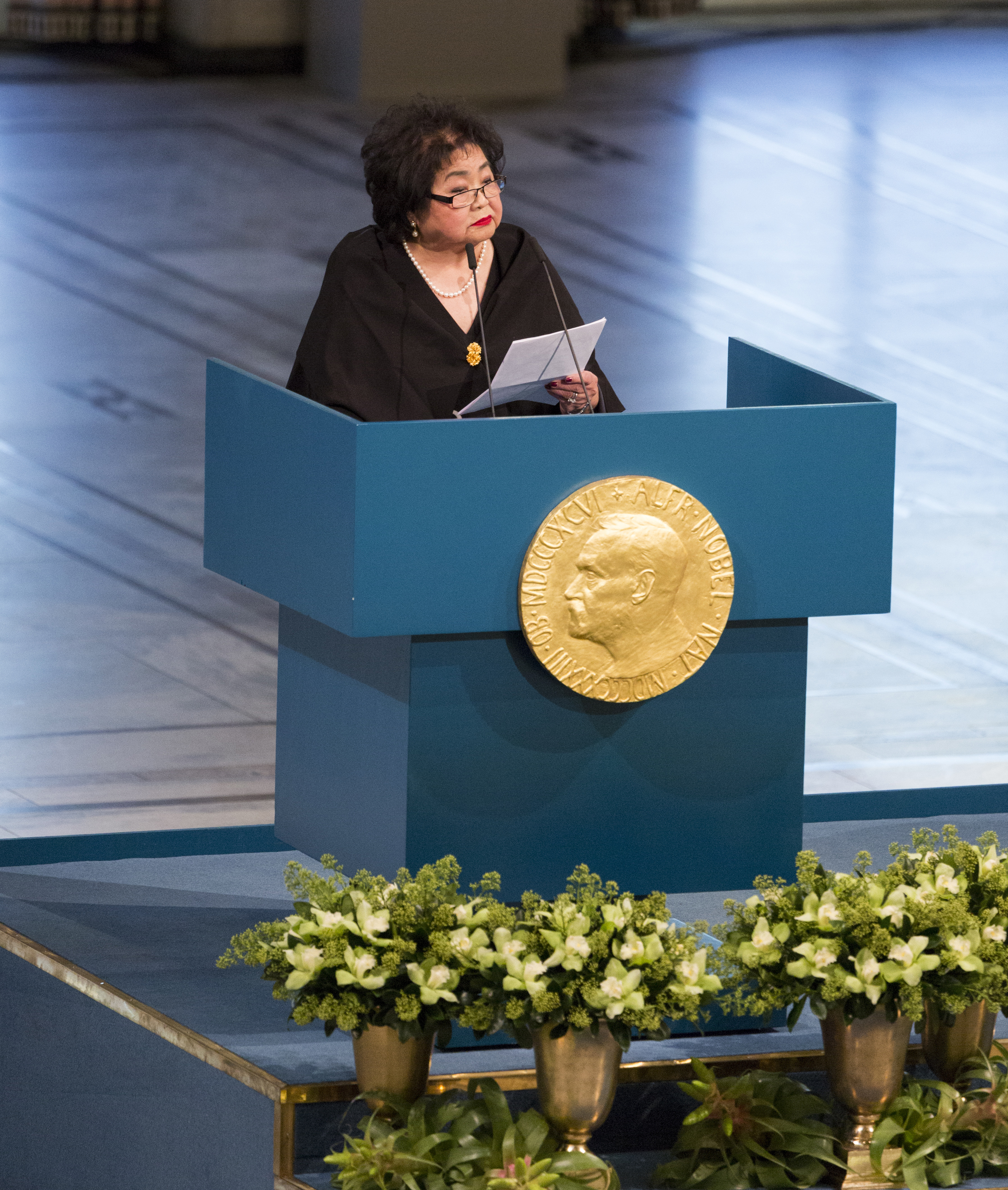 Setsuko Thurlow lors de la cérémonie de remise du prix Nobel de la paix en Norvège en 2017. Crédit : Jo Straube