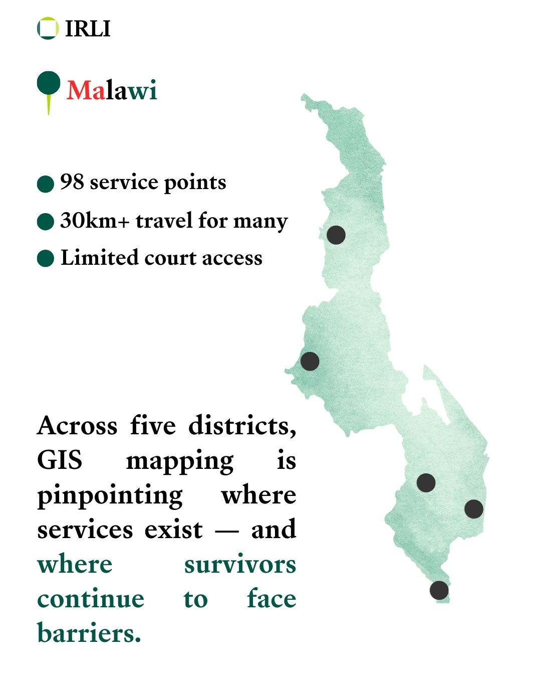 Map of IRLI's service locations across five districts in Malawi.