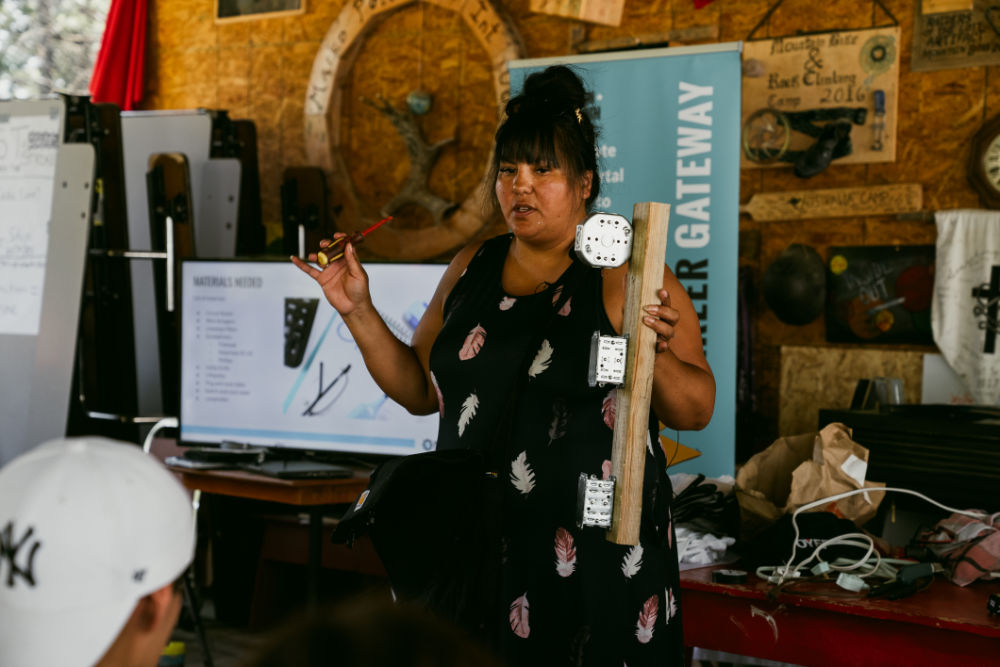 Roberta Giroux, I&E Instructor, Journeywoman Electrician, leading an electrical introductory group activity in Blairmore, AB, 2024