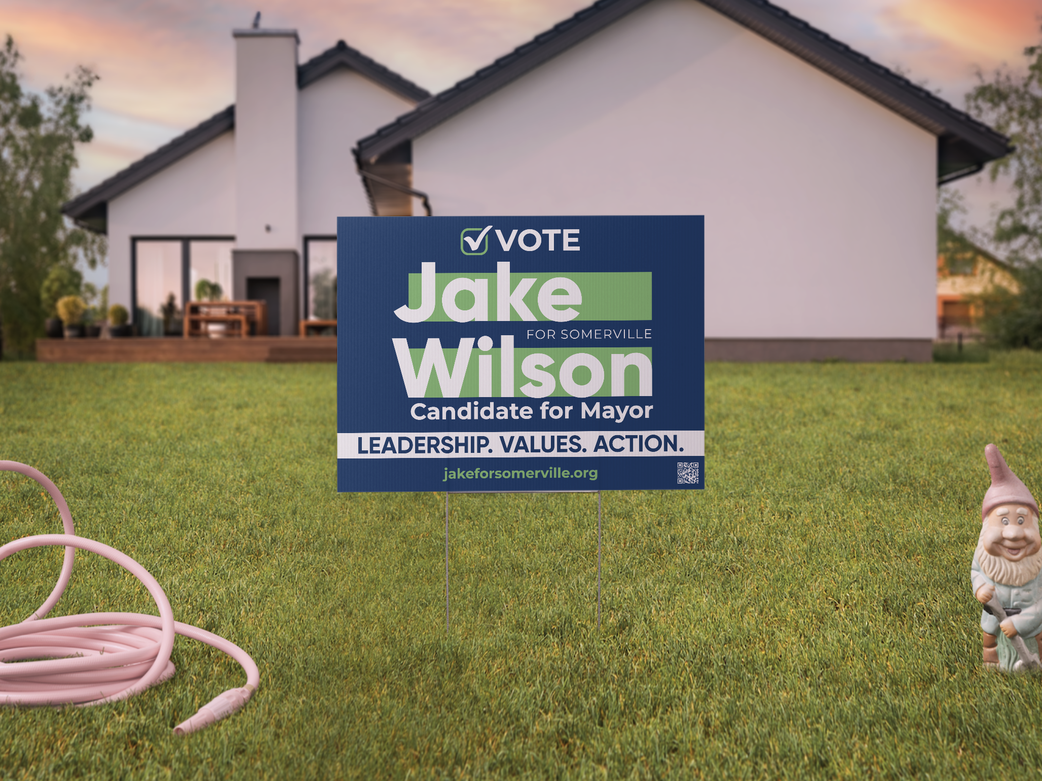 Jake Yard Sign Render A rendered image shows a Jake Wilson Candidate for Mayor lawn sign in a simulated yard