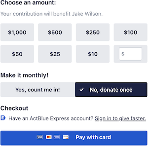Jake ActBlue A screenshot of an ActBlue donation page