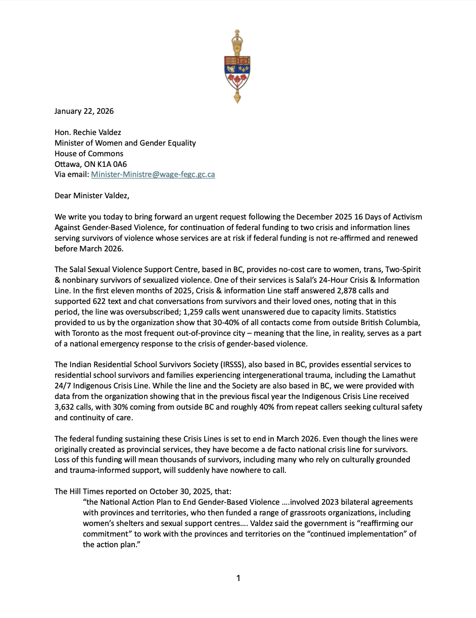 Open Letter: Continue funding for 16 Days of Activism against Gender-Based Violence