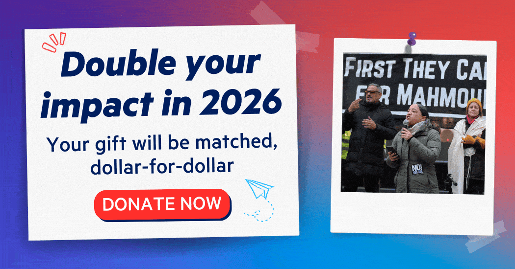 Text reads "Double your impact in 2026: Your
gift will be matched, dollar-for-dollar" with a donate now button and
rotating photos of Jews and allies taking action