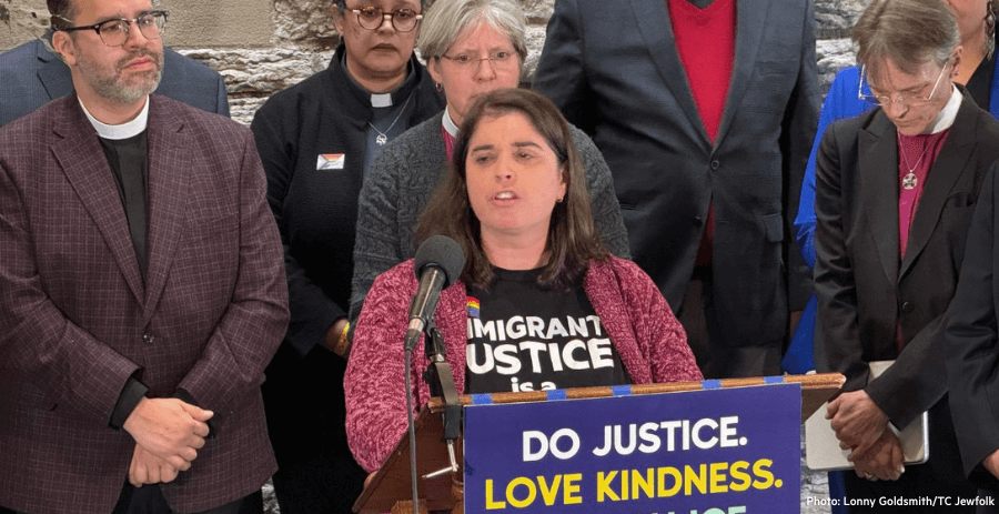 Jamie Beran speaks at a multifaith clergy
press conference on Jan. 22, 2026, in Minneapolis