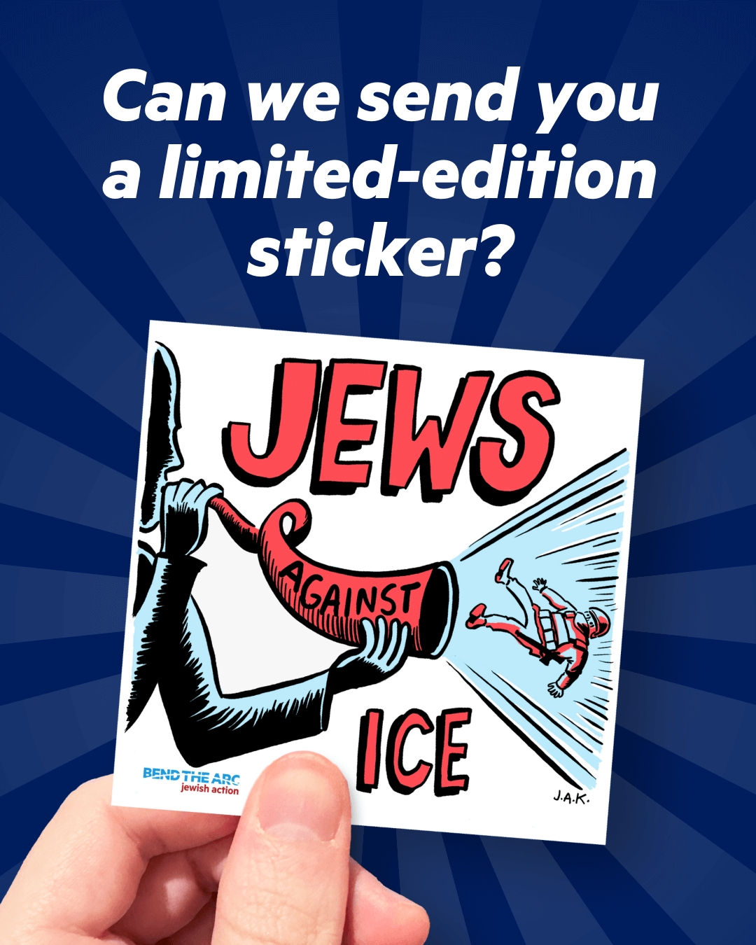 Hand holding sticker with text above that
reads "Can we send you a limited-edition sticker?"