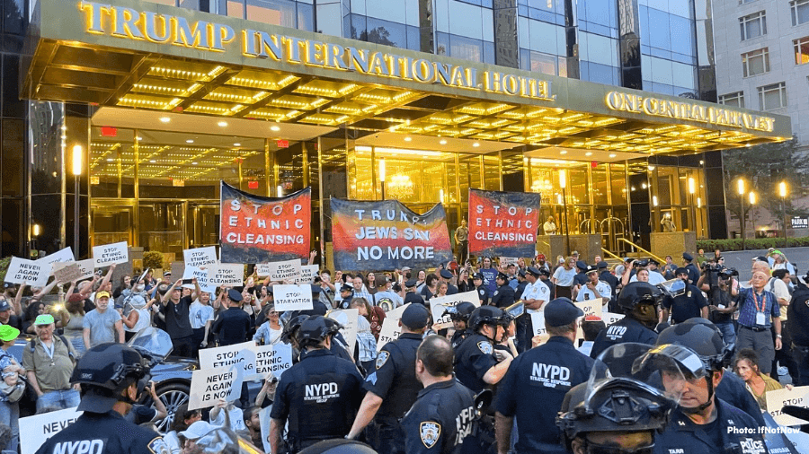 Rabbis say Mourner’s Kaddish at Trump Hotel in New York City yesterday 