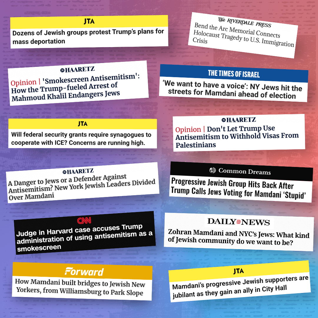 Snapshot of Bend the Arc's 2025 press hits in local, national,
and international media