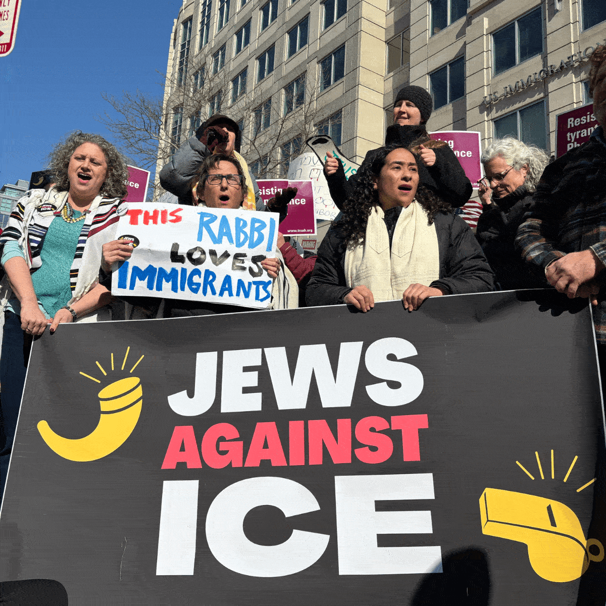 Rotating images of people taking action at Jews Against ICE in DC