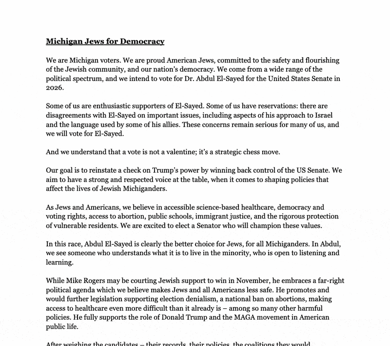 Scroll showing the hundreds of Jewish voters in Michigan who have signed on to Michigan Jews for Democracy