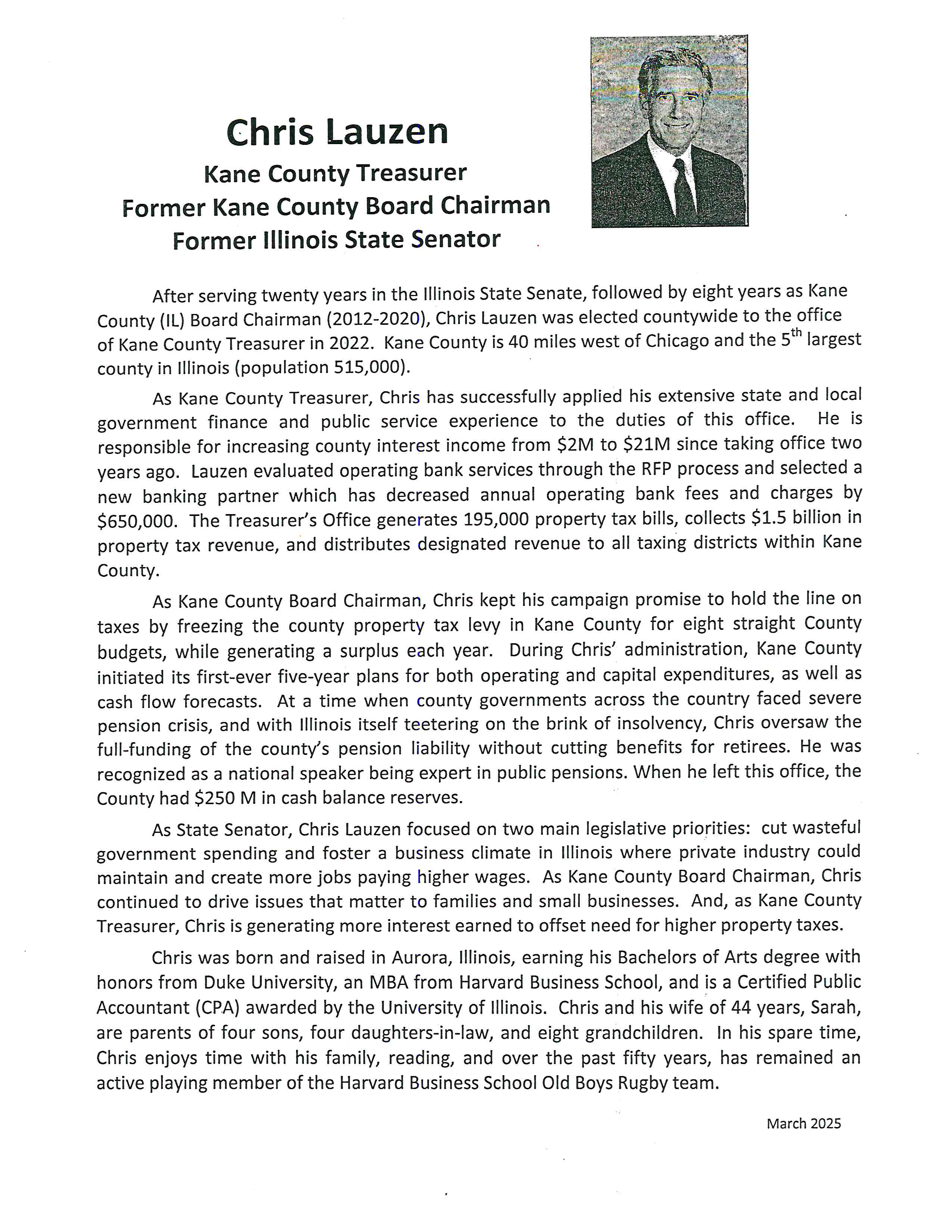 Chris Lauzen Announces Re-Election Campaign for Kane County Treasurer. 