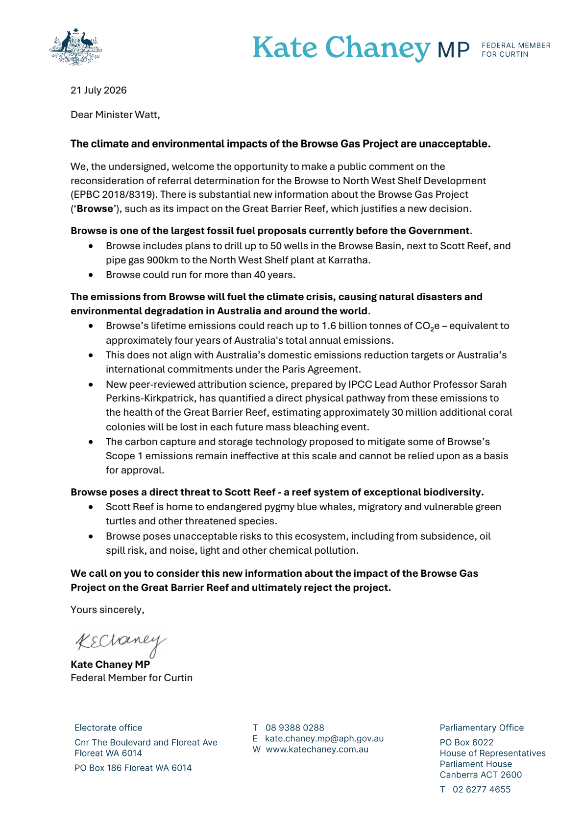Letter to Minister Watt calling on the Government to reject the Browse Gas Project