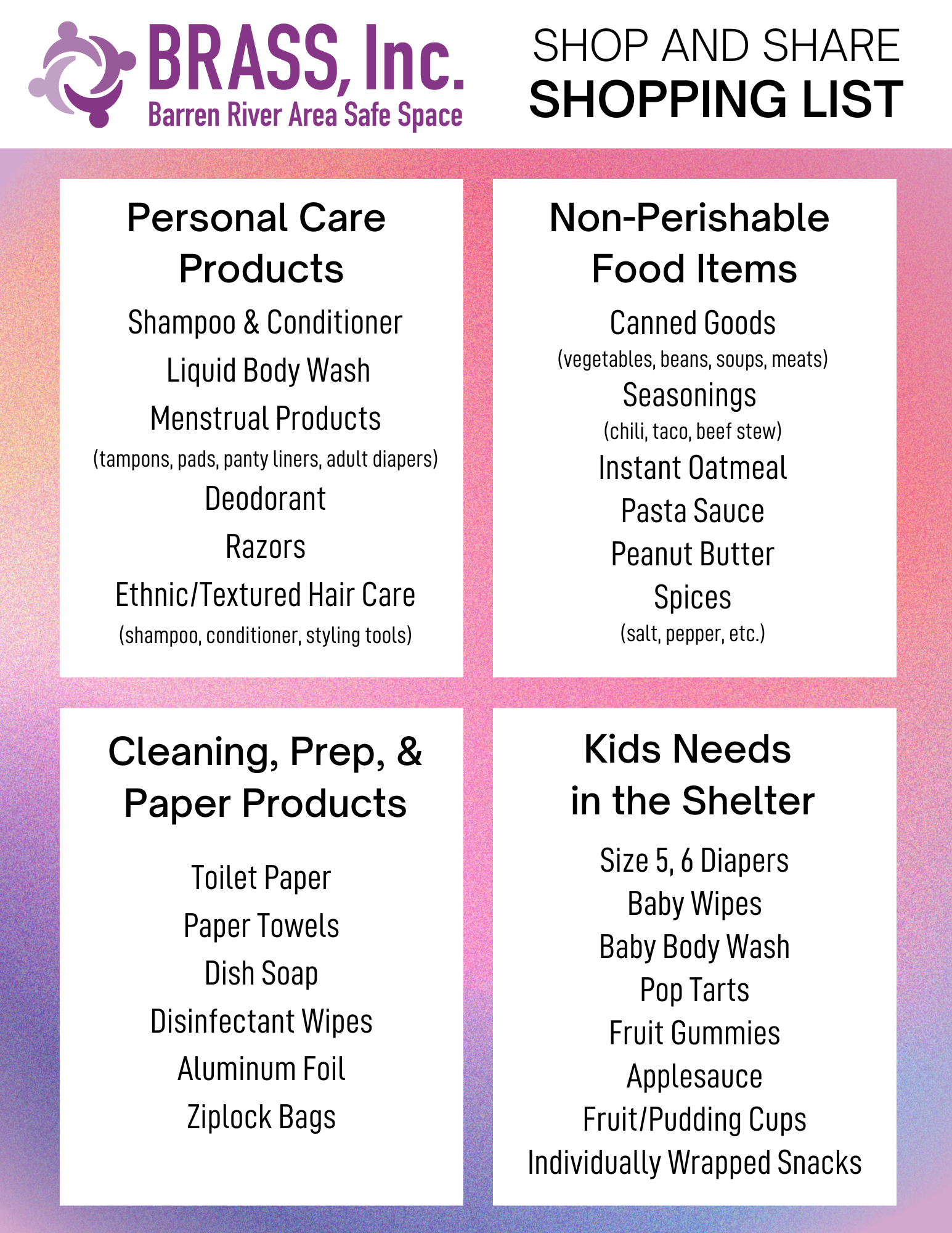 BRASS, Inc. Shopping List 2024 ZeroV