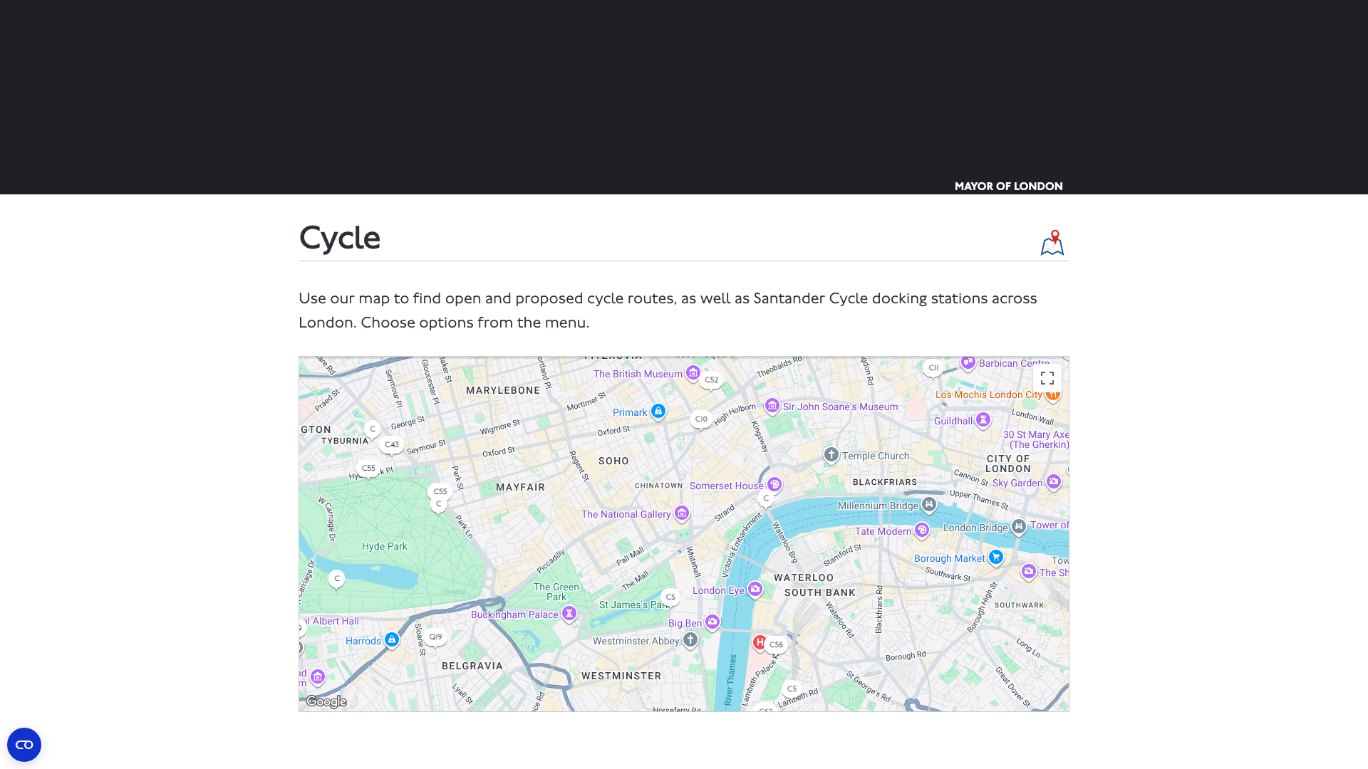 London Cycleways map showing open and proposed cycle routes