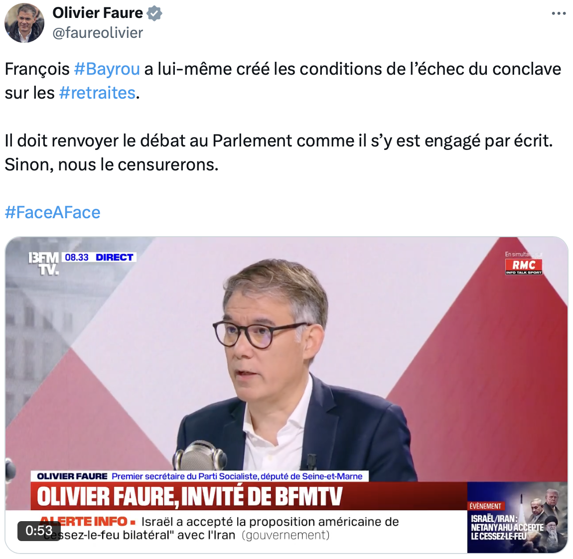 Olivier Faure sur BFMTV  : "François Bayrou a  lui-même créé les conditions de l’échec du conclave sur les  retraites."