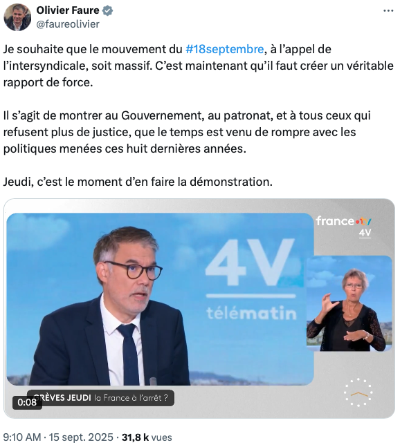 Olivier Faure en interview : « Je souhaite que le mouvement du #18septembre, à l’appel de l’intersyndicale, soit massif. C’est maintenant qu’il faut créer un véritable rapport de force. »