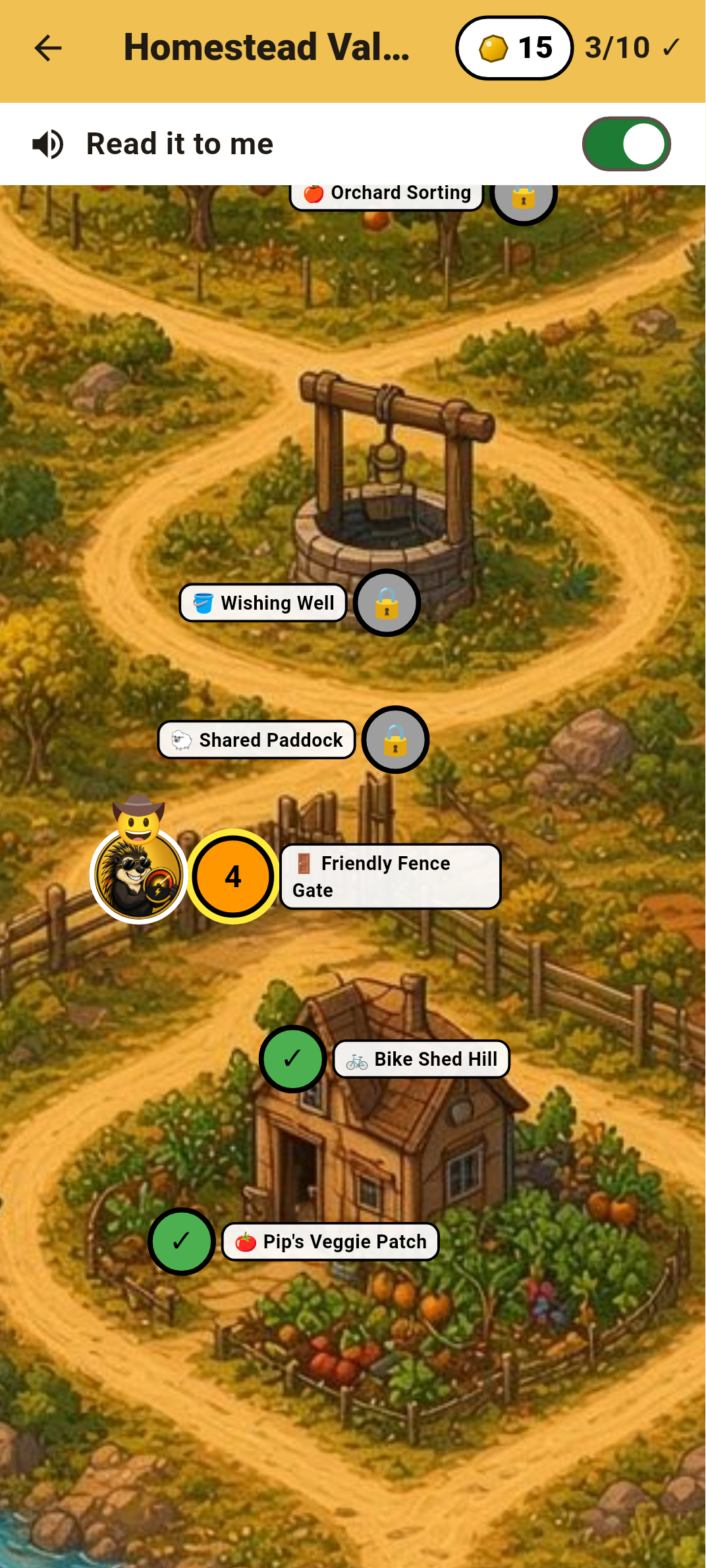 A Mini Maxxers world map, with lessons along a winding path and read-aloud switched on