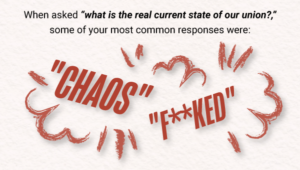 When asked “what is the real current state of our union?,” some
of your most common responses were:  "Chaos" "F**ked"