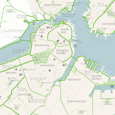 A map of Boston with Emerald Network paths highlighted