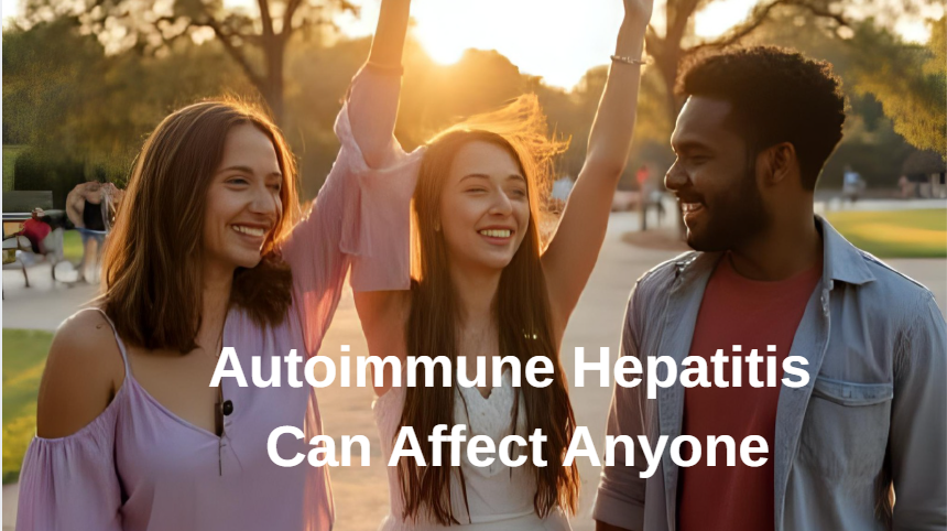 Diverse group of people smiling with a liver graphic, representing autoimmune hepatitis support