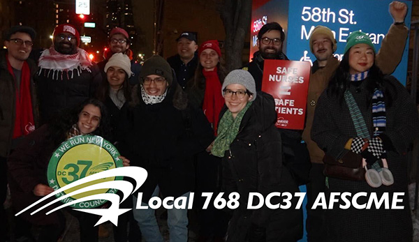 image of local 768 members on strike line in solidarity with nysna members at night