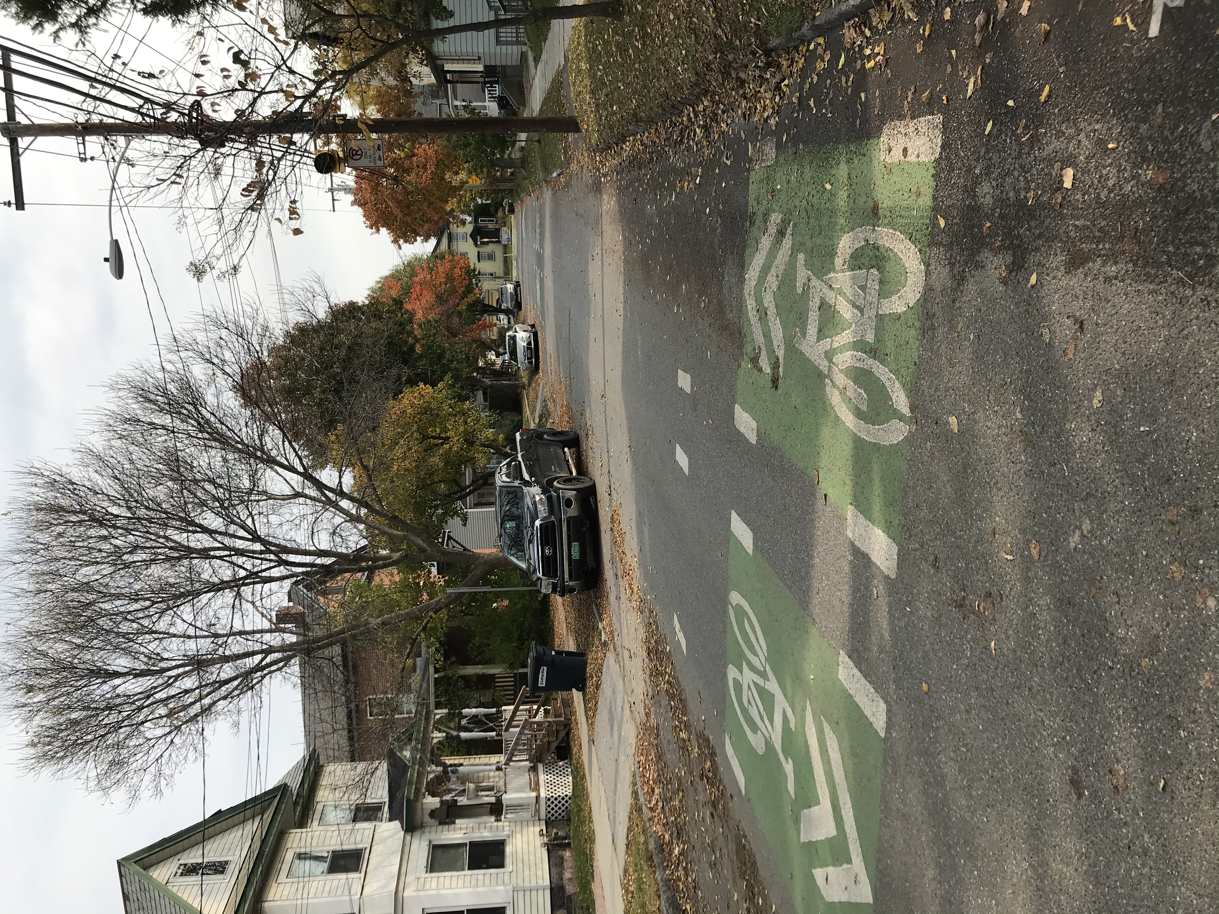 a Burlington road with a painted green lane to denote that bicyles are present
