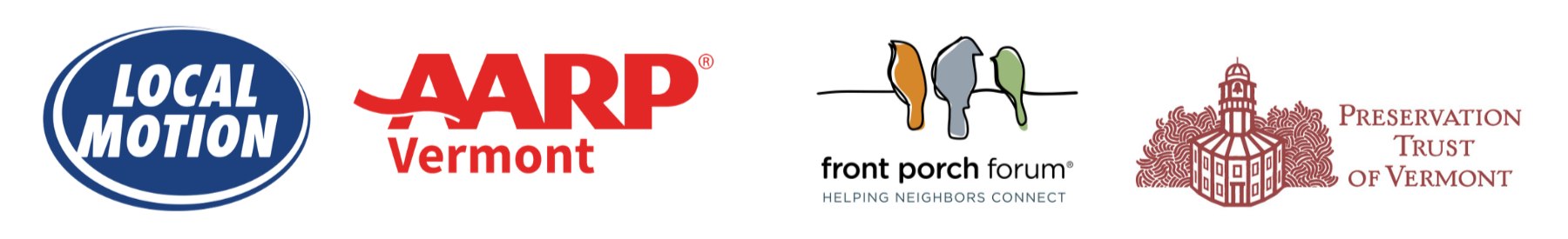 logos for Local Motion, AARP Vermont, Front Porch Forum, and Preservation Trust of Vermont