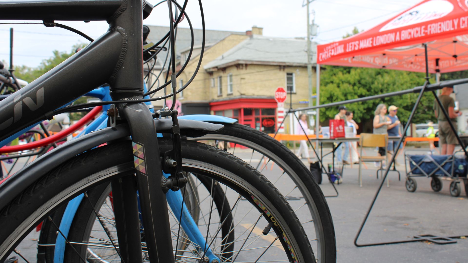 A close up of a front bicycle wheel 