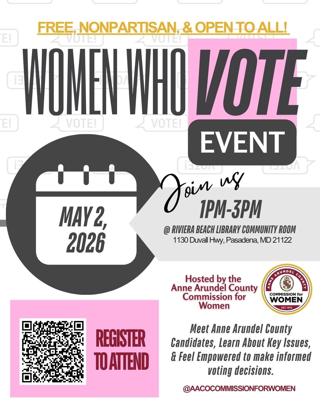 AACCW Women Who Vote event with AA County candidates, May 2, 2026, 1-3pm, Riviera Beach Library, Pasadena