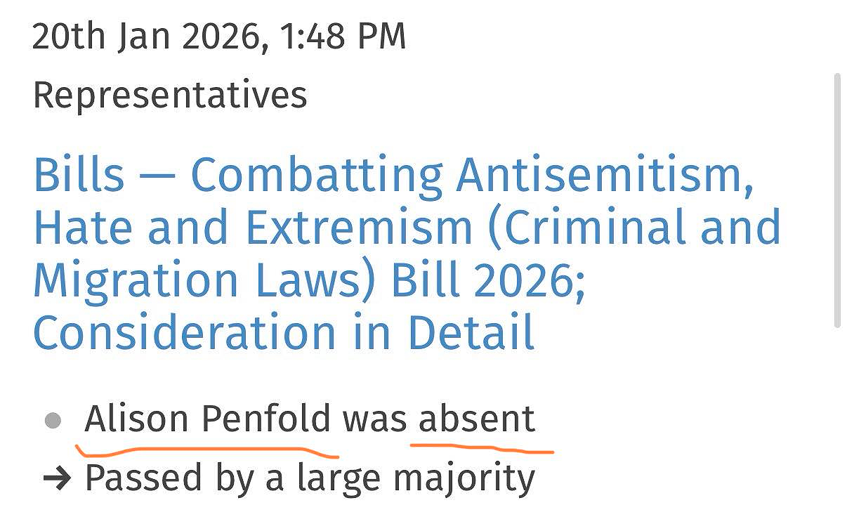 Record showing Alison Penfold was absent for vote