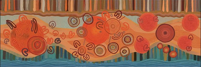 This tri-tech artworks tells the story of the Awabakal people from traditional times through to Awabakal Ltd today, highlighting the journey taken by many over the last 40 years, towards building our organisation. The central area of the artworks displays a pathway that carries the story of Awabakal, our peoples and community across the three canvases:  The first canvas in the series is reflective of the traditional life of the Awabakal people.  Moving onto the second canvas the artwork `displays the very beginnings of Awabakal Ltd and the gather together of community in family homes to discuss the need to support our community.  The third canvas is a visual representation of Awabakal today.  At the Centre is the circle symbol for Awabakal Ltd, highlighting dedication to advancing the wellbeing of our community and leading the way. Across the very top of all of the artwork we see a visual timeline of this journey through history. Interwoven within the timeline are thick message stick markers, indicative of the milestones reach. Highlighted within the artwork is the country upon which Awabakal services operated comprising of Newcastle, Lake Macquarie, Port Stephens and the Hunter region.  This is depicted through water symbolism traveling along the bottom of each work reflective of the East Coast, Hunter River, Lake Macquarie and Port Stephens major waterways and in the rolling countryside symbolism sitting above the water, which highlights the mountains, valleys and plains.