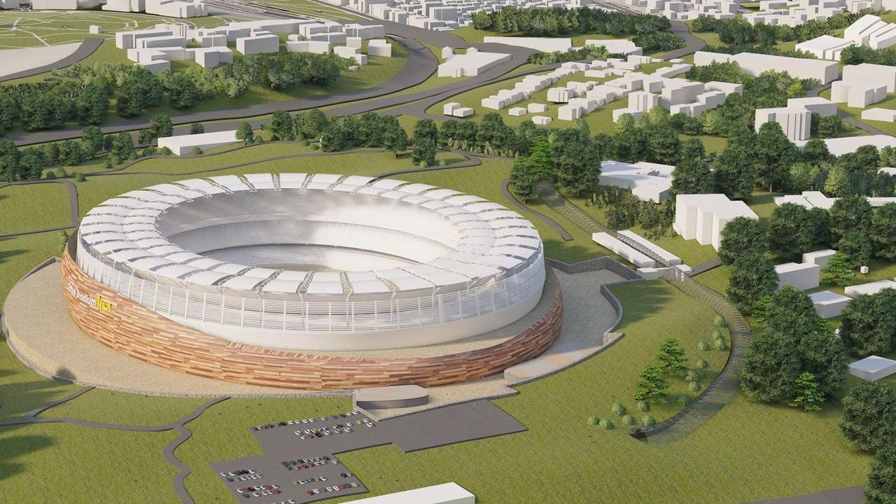 Mockup of olympic stadium at Victoria Park showing dominant and imposing size and full clearing of trees and parkland for car parks and facilities.