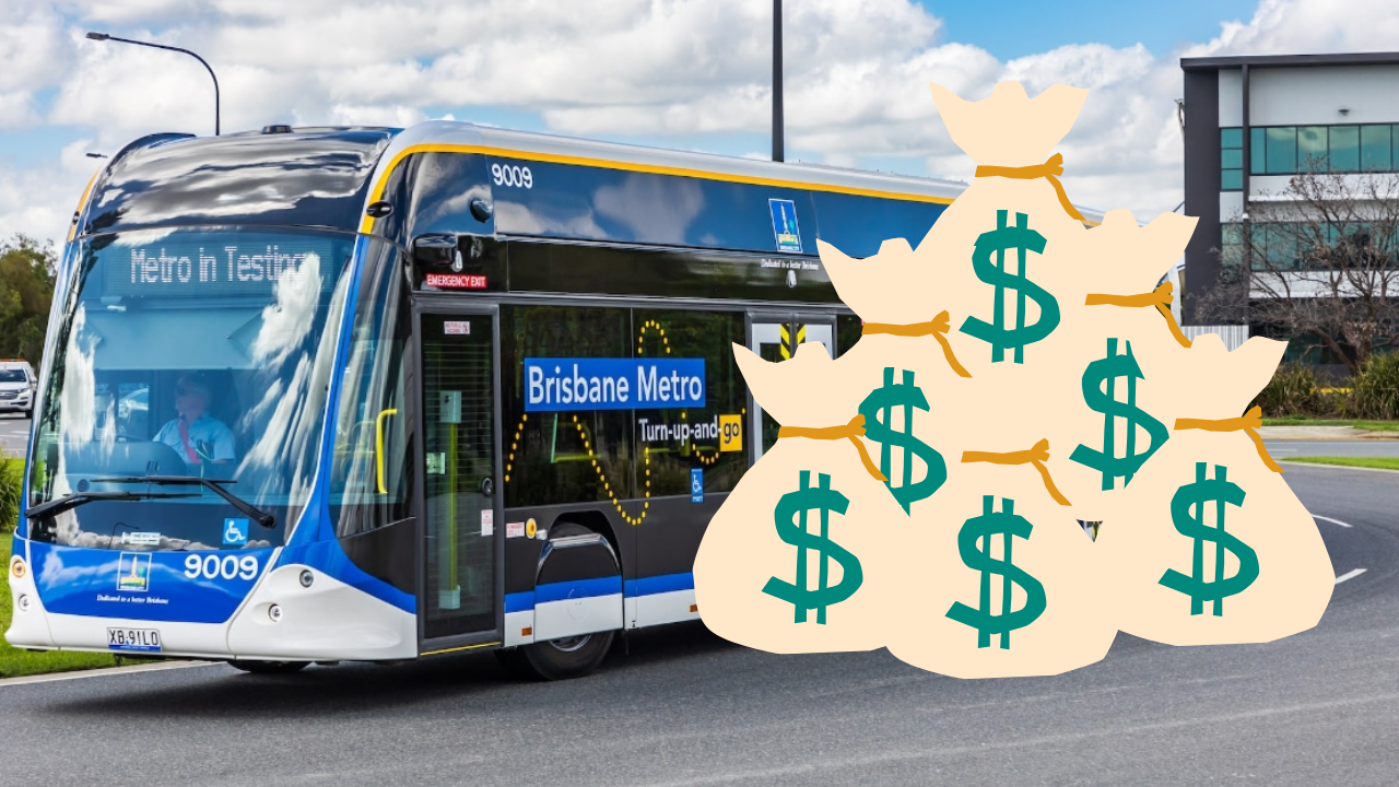 Photo of one of the Brisbane Metro buses being test driven. A large cartoon pile of moneybags is superimposed on the righthand side.