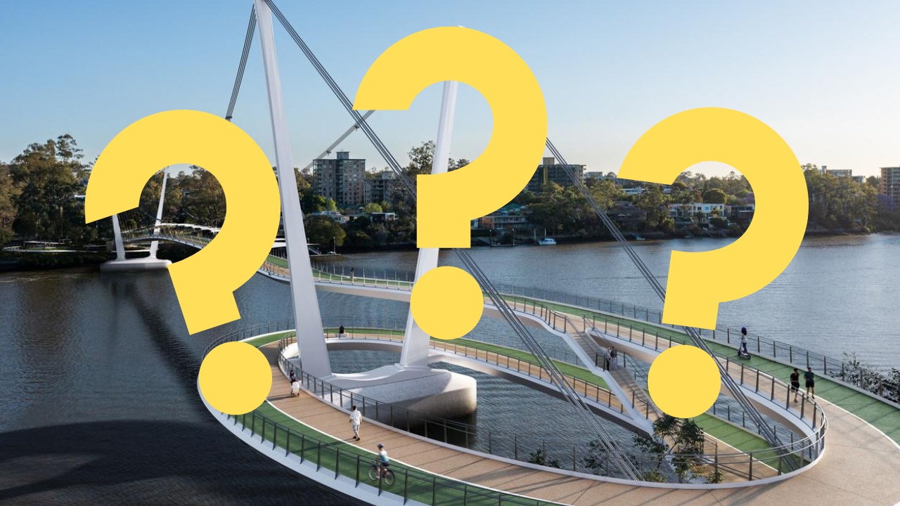 Thumbnail of a concept design for the Toowong to West End Green bridge spanning the Brisbane River, with 3 large question marks superimposed over the top.