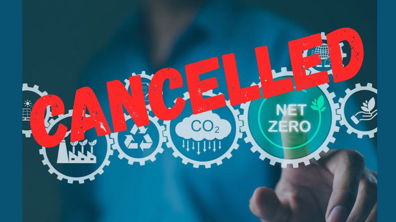 Symbols of net zero strategies with a red Cancelled stamp over the top