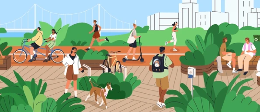 Graphic of people sitting on park benches, cyclists, person on scooters, 