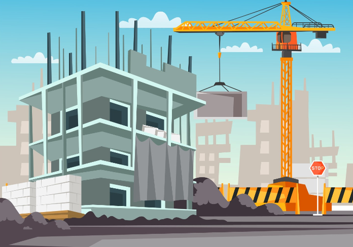 graphic shows a building being constructed with a crane
